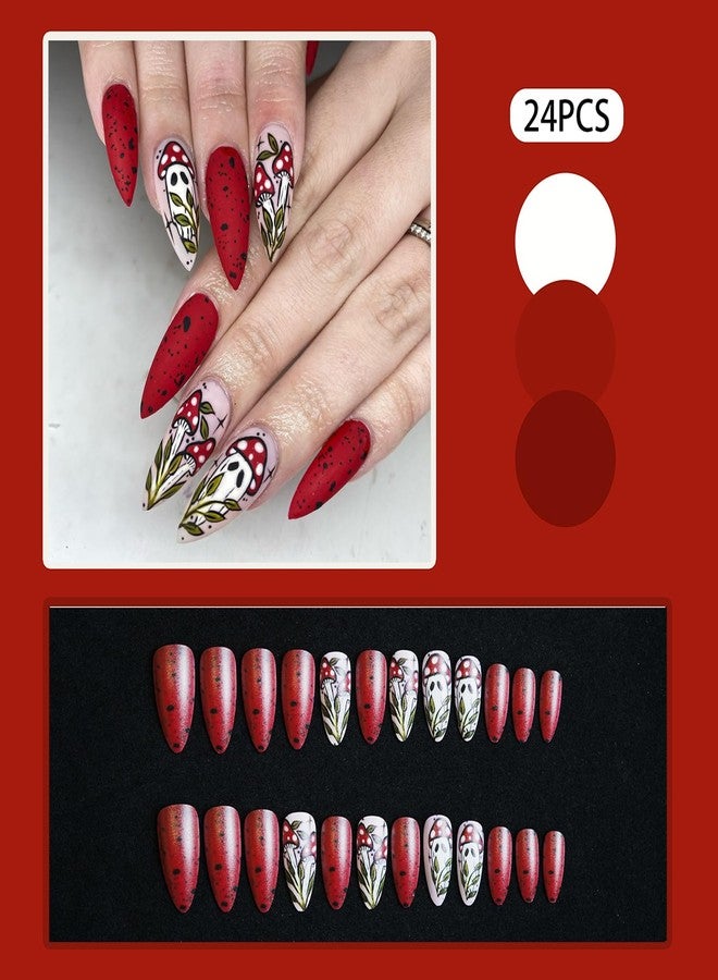 GRITOSE 24Pcs Halloween Press on Nails Almond Long Fake Nails Matte Full Cover False Nails with Mushroom Ghost Designs Artificial Acrylic Nails Press ons Cute Halloween Stick on Nail for Women - Image 2